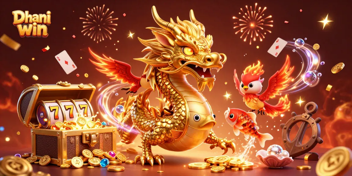 Dhani win game featuring a powerful dragon, phoenix, and koi fish amidst a vibrant casino scene