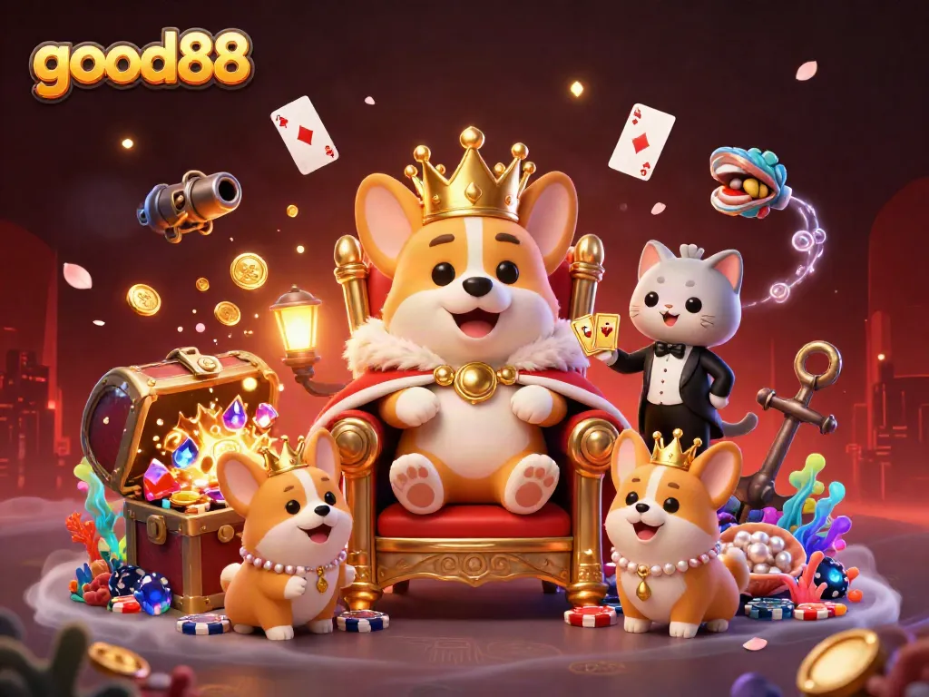 Experience the excitement at good88 with royal corgis, treasure, and casino vibes in a vibrant 3D illustration