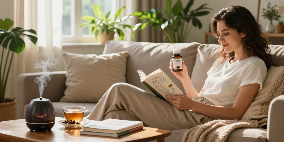 Person enjoying best kratom capsules while relaxing in a serene living room filled with plants.