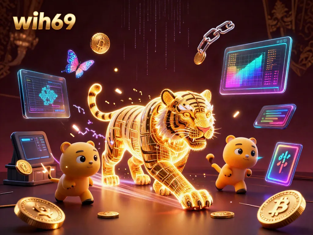 Permainan menarik di kasino digital wih69 dengan harimau emas yang bercahaya dan efek holografik.