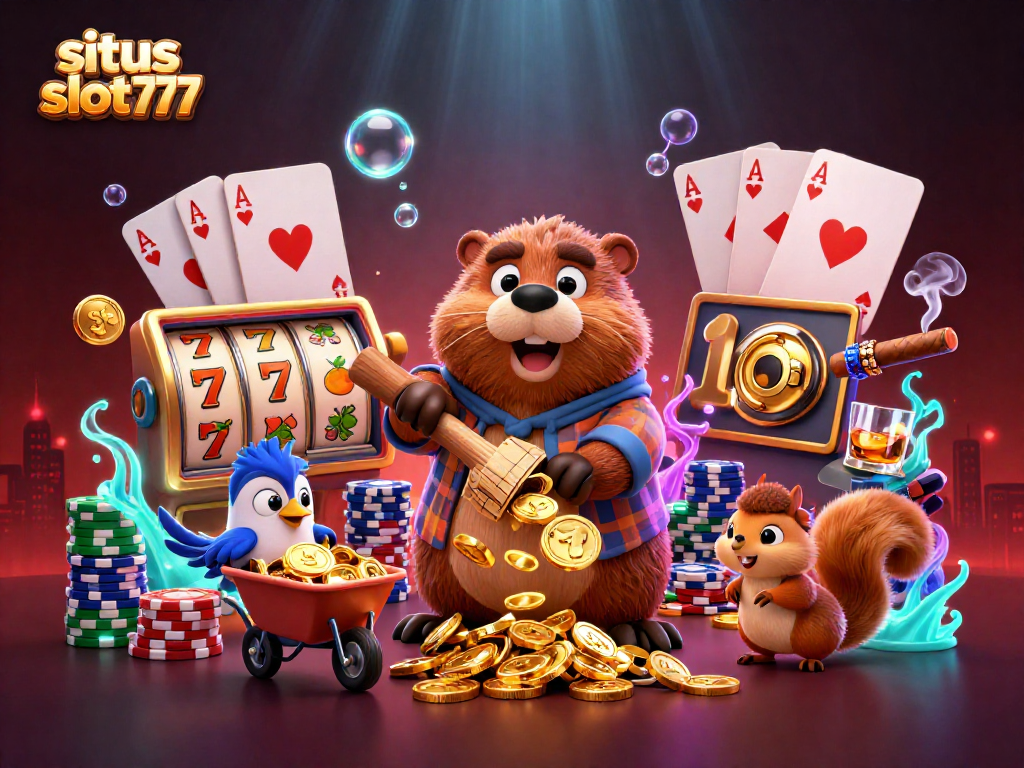Experience thrilling wins at situs slot777 with captivating visuals of slots and characters in a vibrant scene.