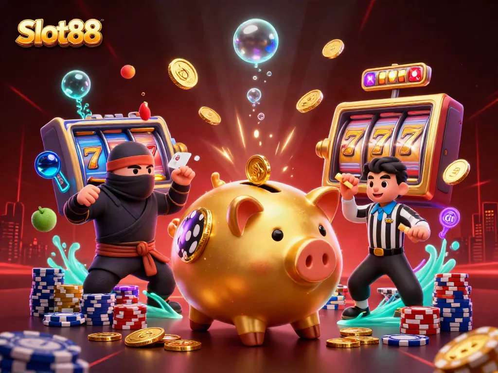 Experience the thrill of Slot88 as animated characters battle for riches amidst spinning slot reels.