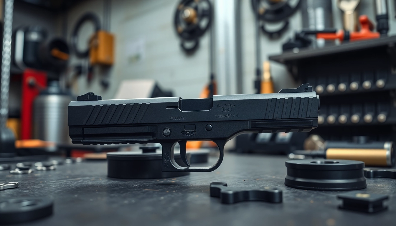 Examining a glock 43x slide with precision engineering and sleek design in a workshop environment.