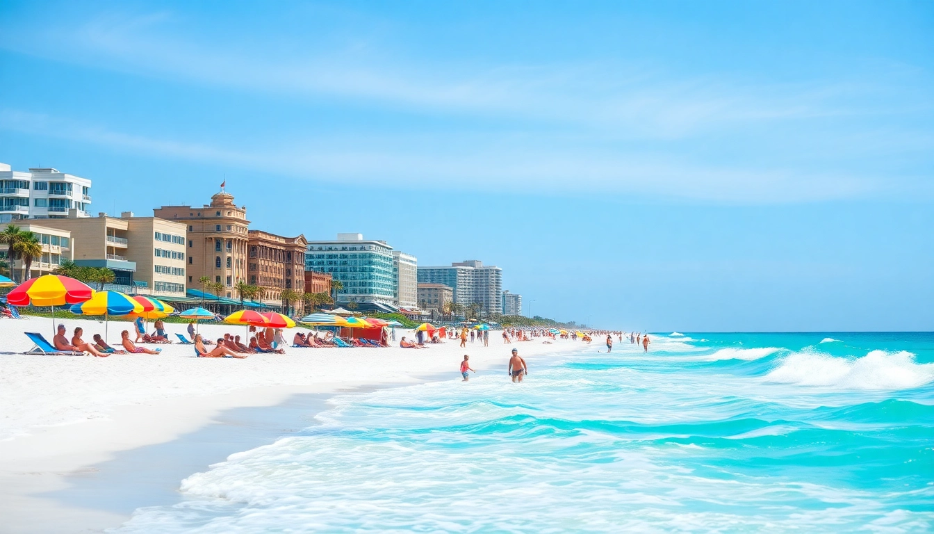 Enjoy the sunny beach atmosphere in Pensacola FL with families and vibrant umbrellas.
