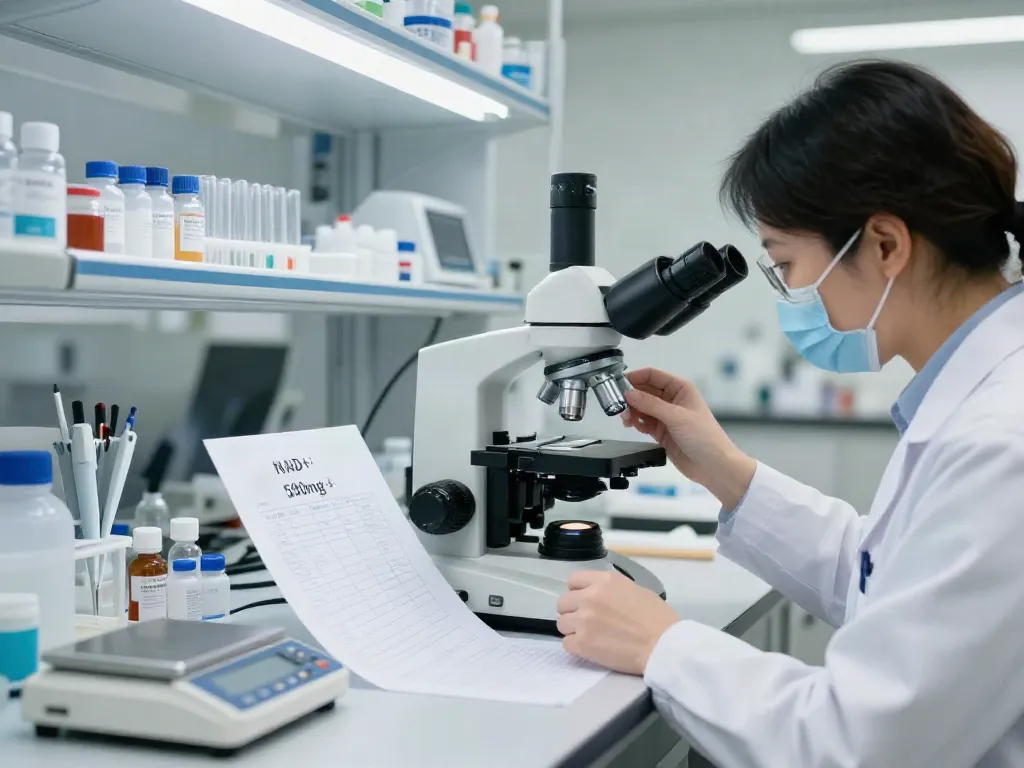 NAD+ peptide analysis in a sterile laboratory setting with researcher and equipment.
