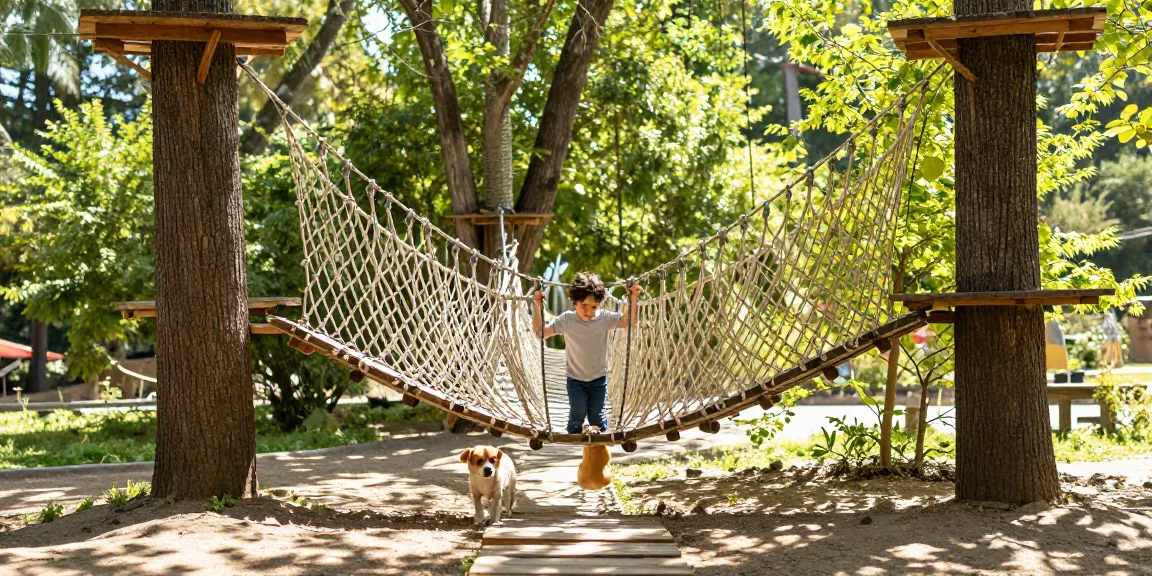 Rope Bridge design connecting treetops, with a child exploring and playful puppy below.