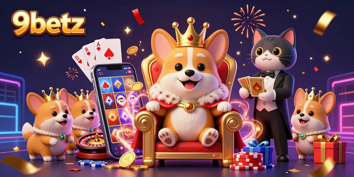 Experience the thrilling world of 9betz through a vibrant 3D casino illustration with a royal corgi and exciting gaming elements.