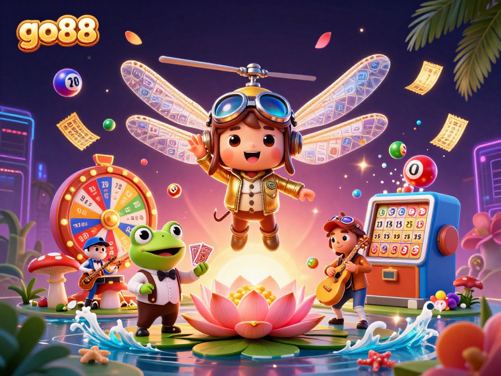 Win big with go88: vibrant 3D scene of a dragonfly pilot and frog croupier amidst a lively casino atmosphere.