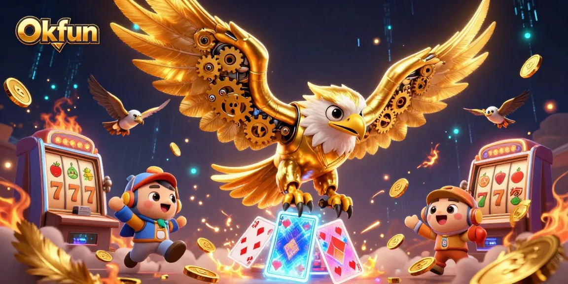 Engage with the exciting Okfun gaming experience, featuring a golden eagle and holographic cards in action.