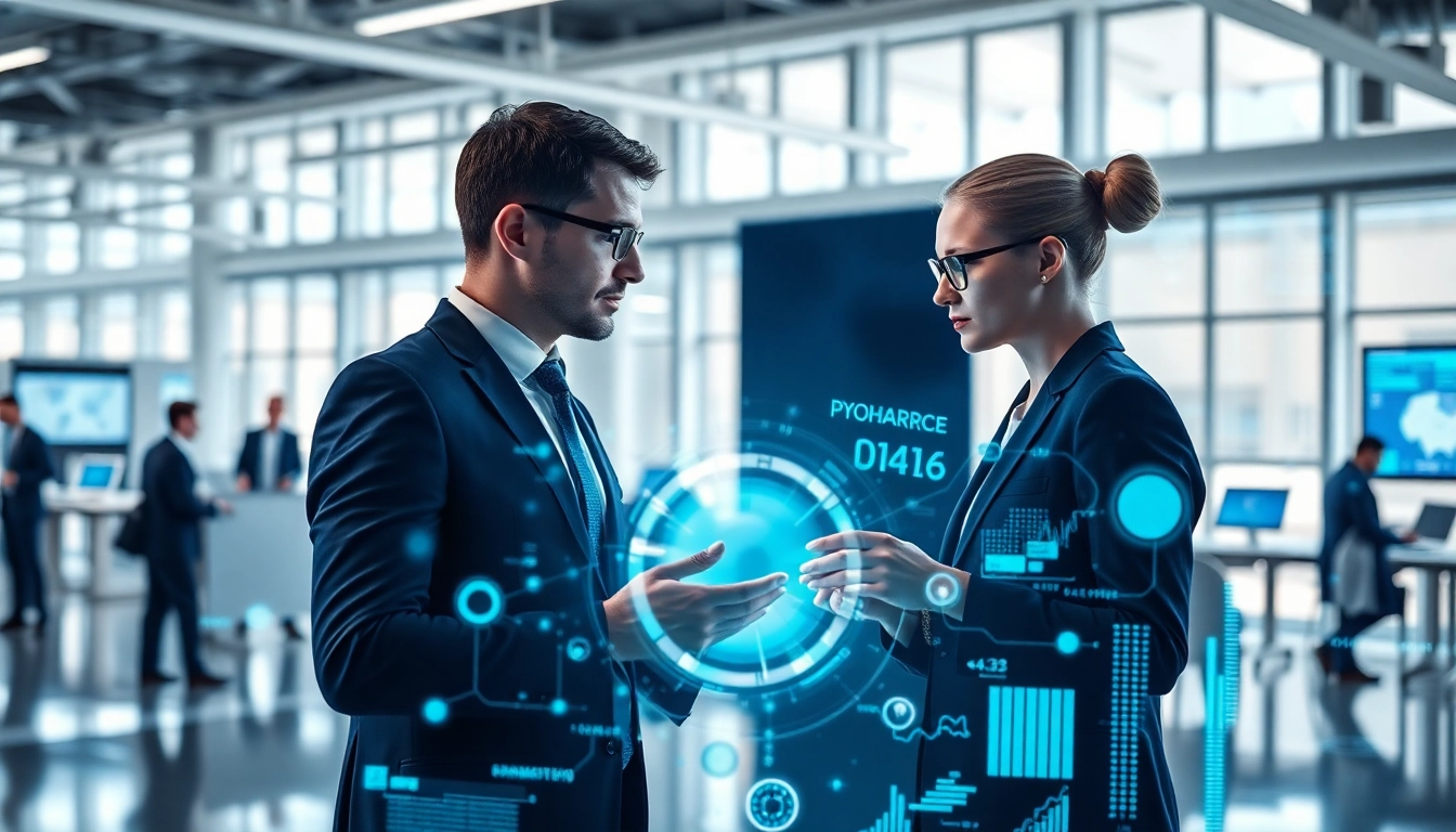 AI agents working together in a modern digital workspace with interactive displays.