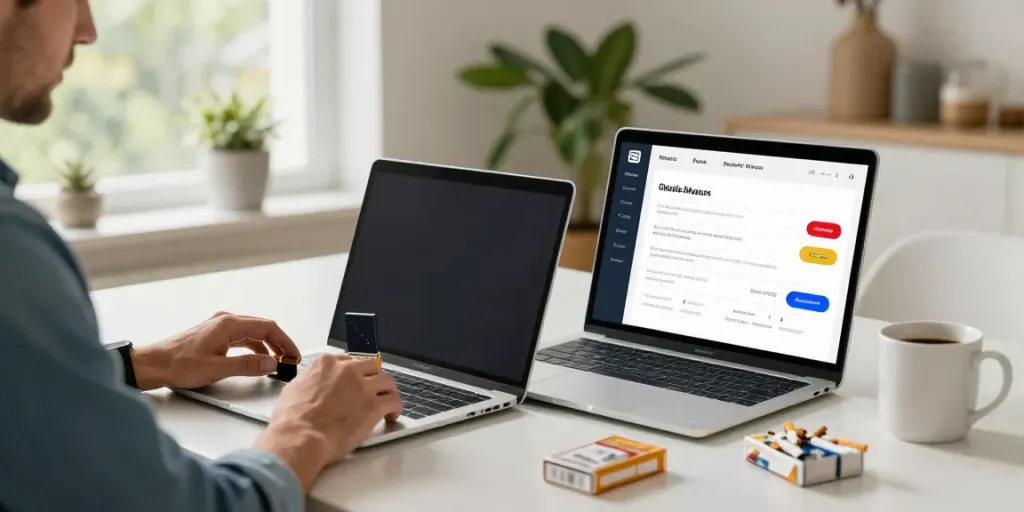 Adult male browsing budget cigarette and top smokes Australia on laptop with coffee and cigarettes.