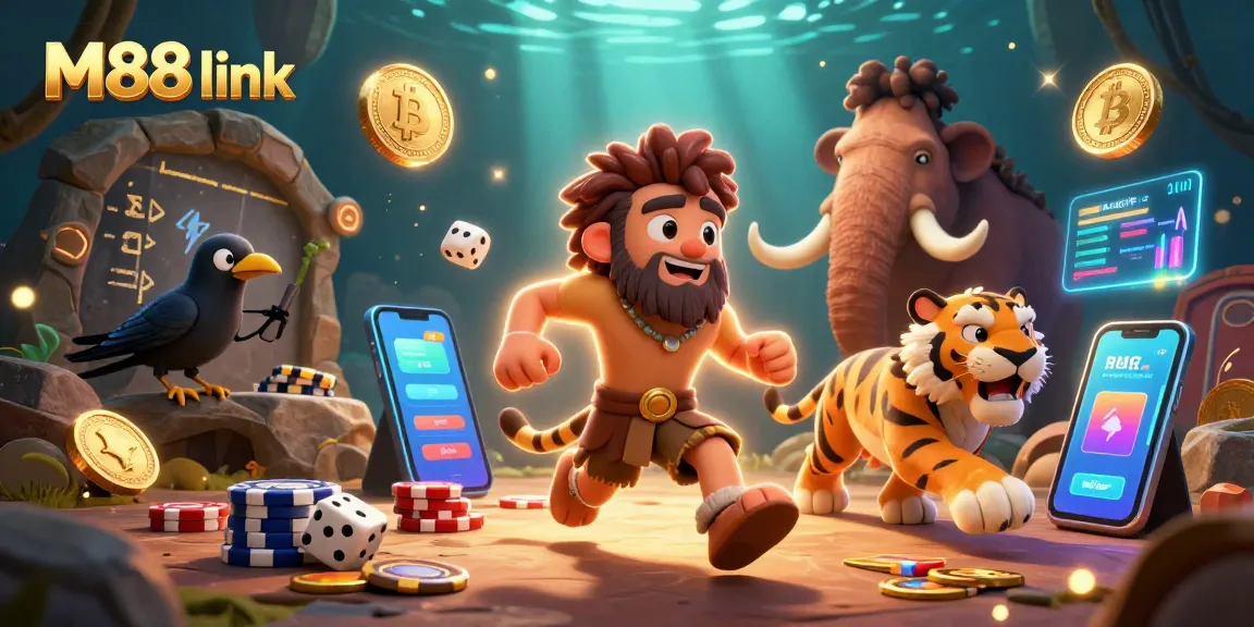 Engage with the thrilling M88 link in a vibrant prehistoric casino scene with creatures and crypto elements.