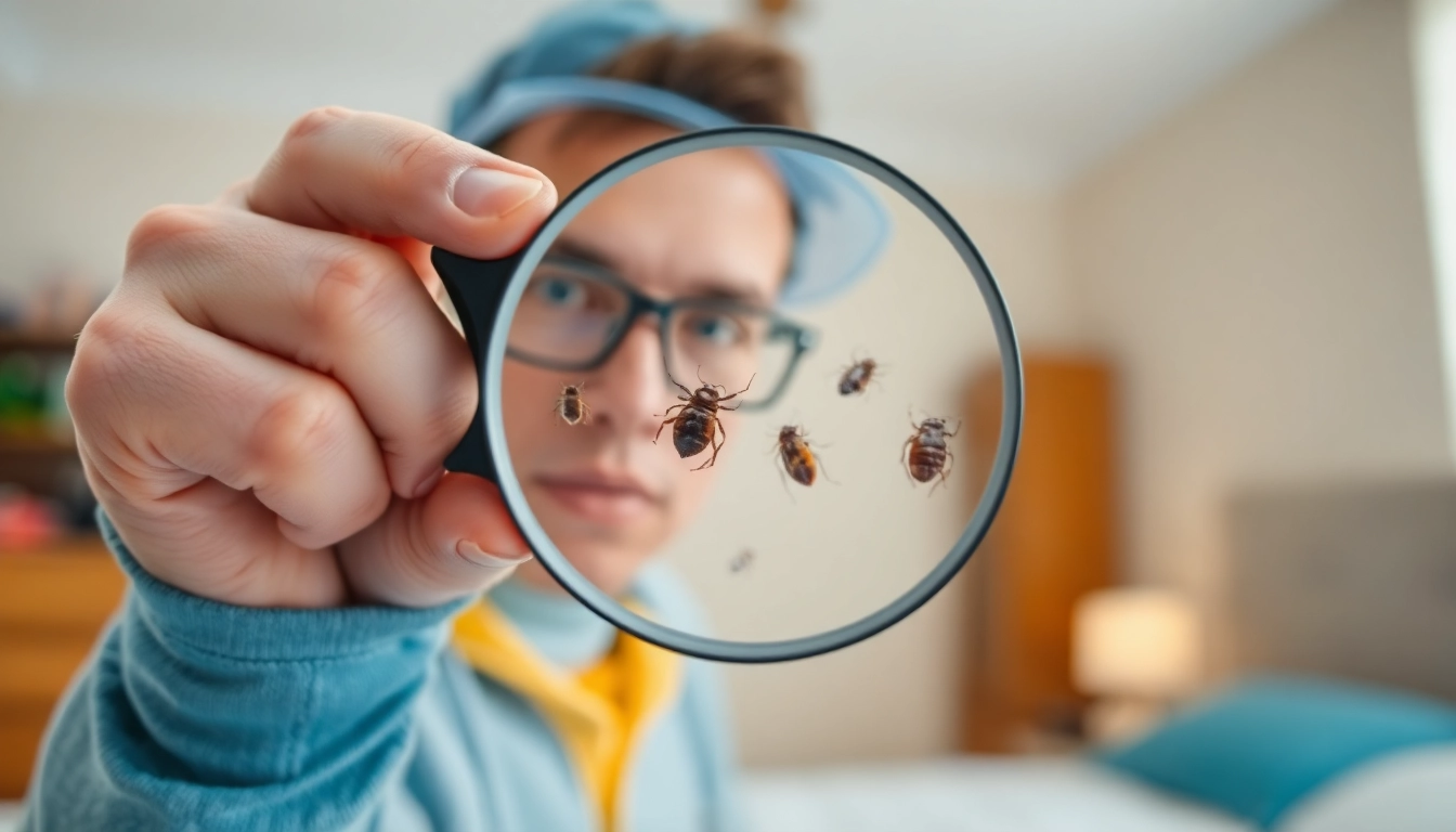 Expert examining for bed bug control with tools in a bright bedroom environment.