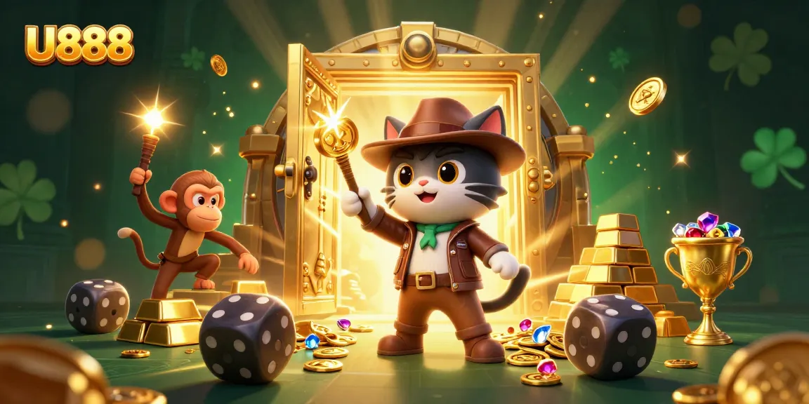 U888 illuminates a vibrant casino adventure with dynamic characters and golden treasures, showcasing excitement.