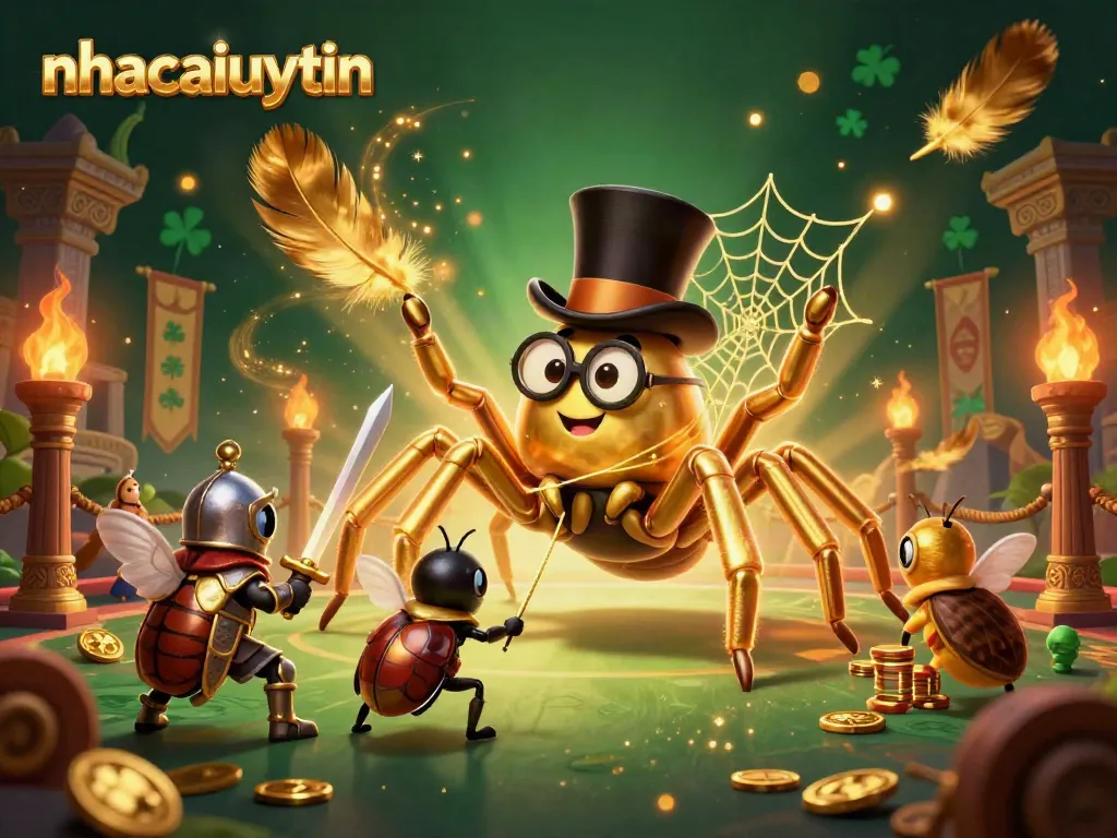 Experience thrilling gameplay with nhacaiuytin as a golden tarantula and beetle knight entertain in an engaging casino scene.