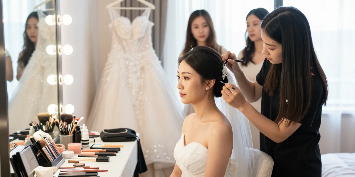 Trucco sposa professionale in una suite nuziale elegante durante i preparativi per il matrimonio.