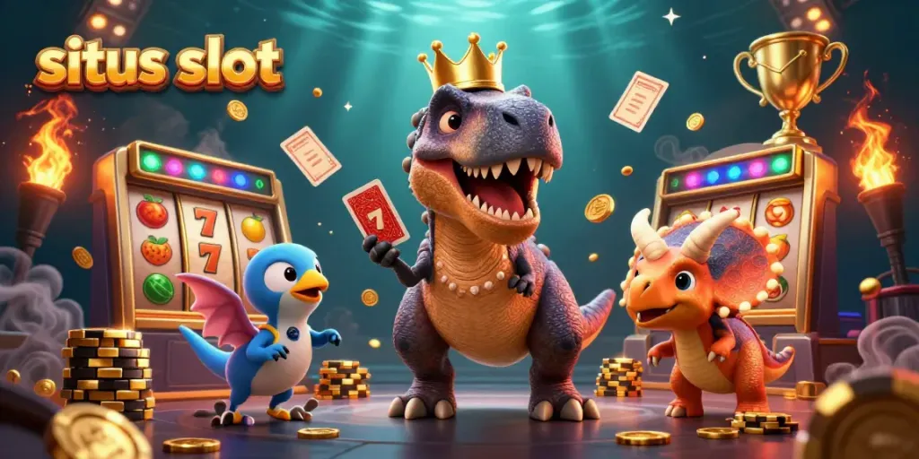 Menangkan situs slot dengan T-Rex yang bermain kartu dan triceratops menumpuk chip emas.