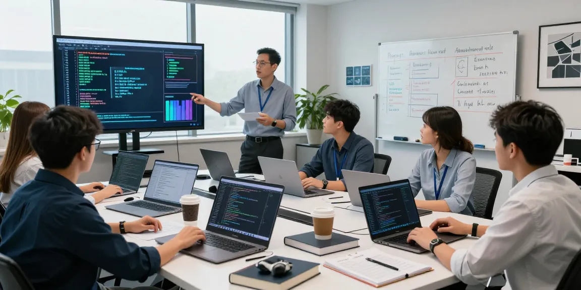 AI Detection collaboration in a tech workspace with data scientists analyzing metrics and algorithms.