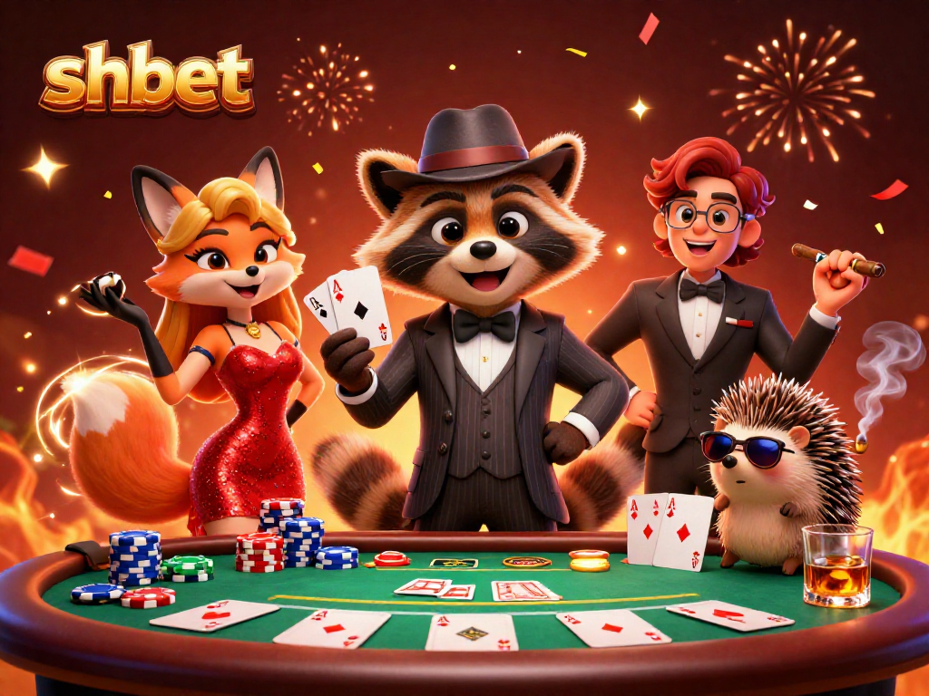 Join the excitement at shbet with a suave raccoon, glamorous fox, and bouncer in a lively poker scene.