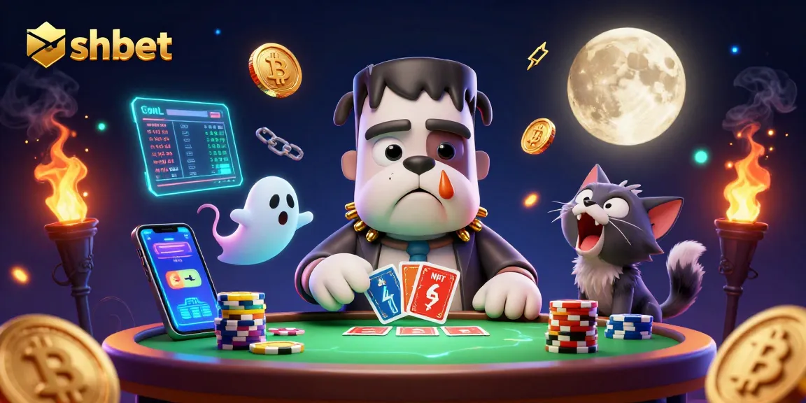 Engage with shbet in a vibrant casino scene with a quirky bulldog dealer and crypto elements.