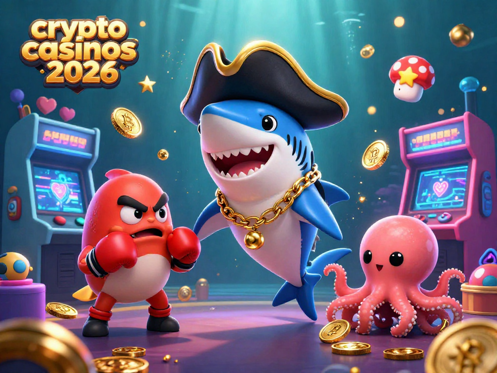 Découvrez les crypto casinos 2026 avec un requin pirate et des éléments de jeux animés.