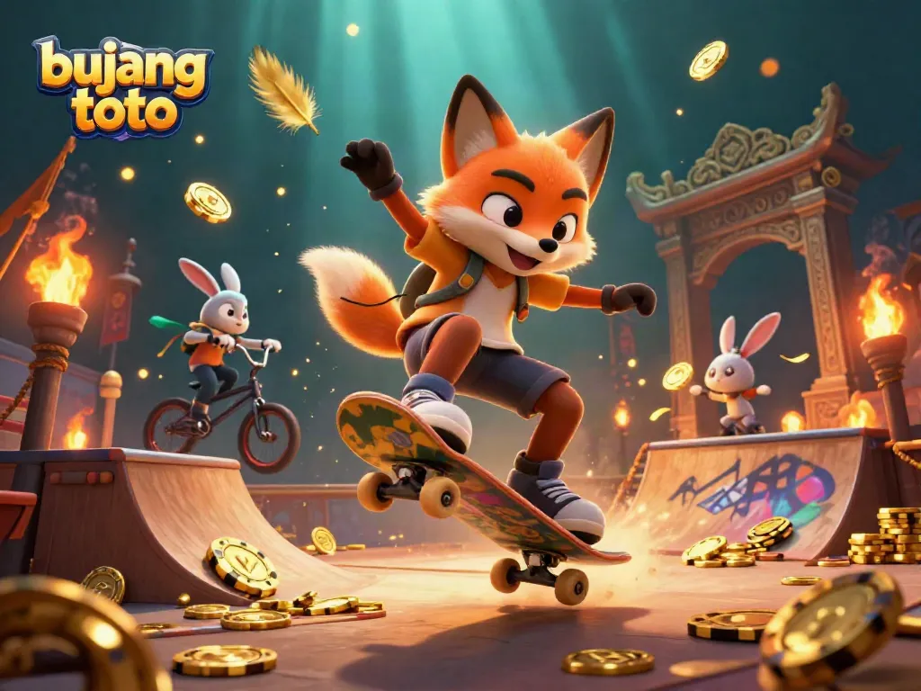 Bujang toto-themed 3D illustration with a skateboarder fox and BMX rabbit in a vibrant casino environment.