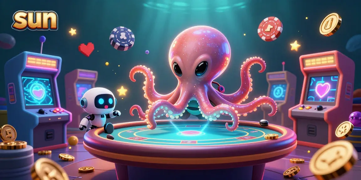 Play exciting casino games under the sun with a vibrant 3D casino scene featuring an alien octopus and dynamic game elements.