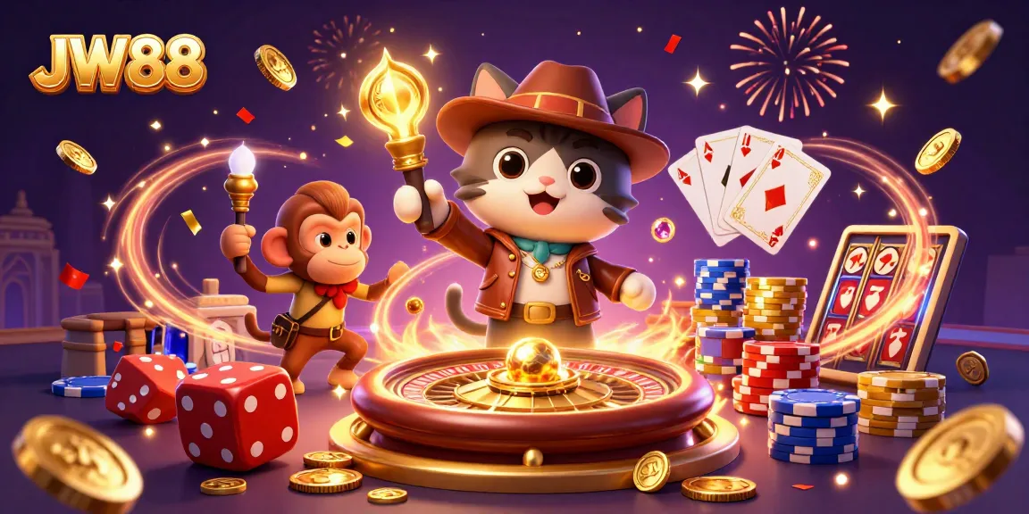 Experience the thrill of JW88 with a playful archaeologist cat and vibrant casino elements.