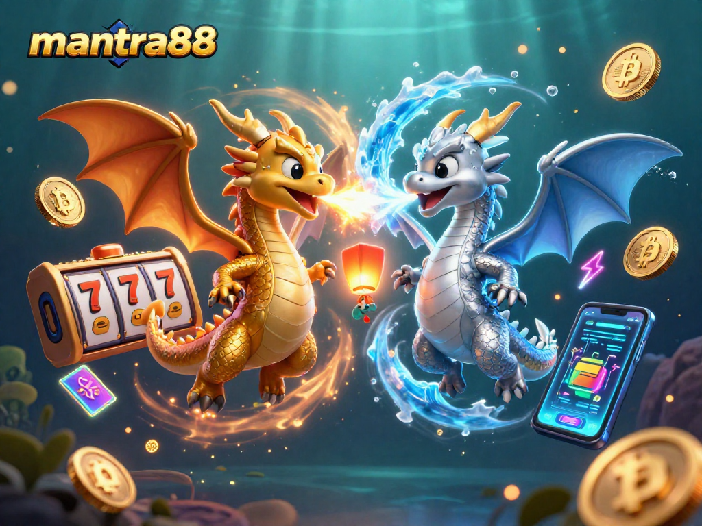Experience the thrills of mantra88 with dual dragons battling for luck amidst vibrant casino elements.