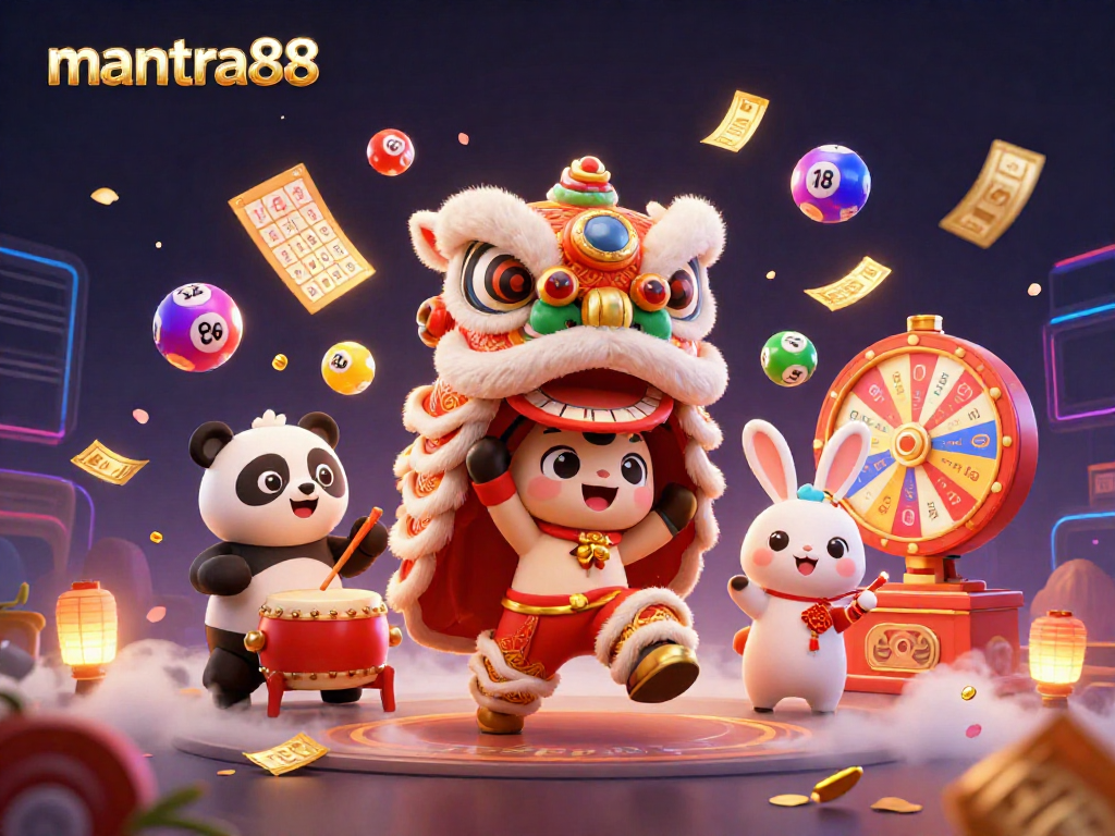 Experience the excitement of mantra88 with a vibrant 3D illustration featuring a lion dance and dynamic gaming elements.