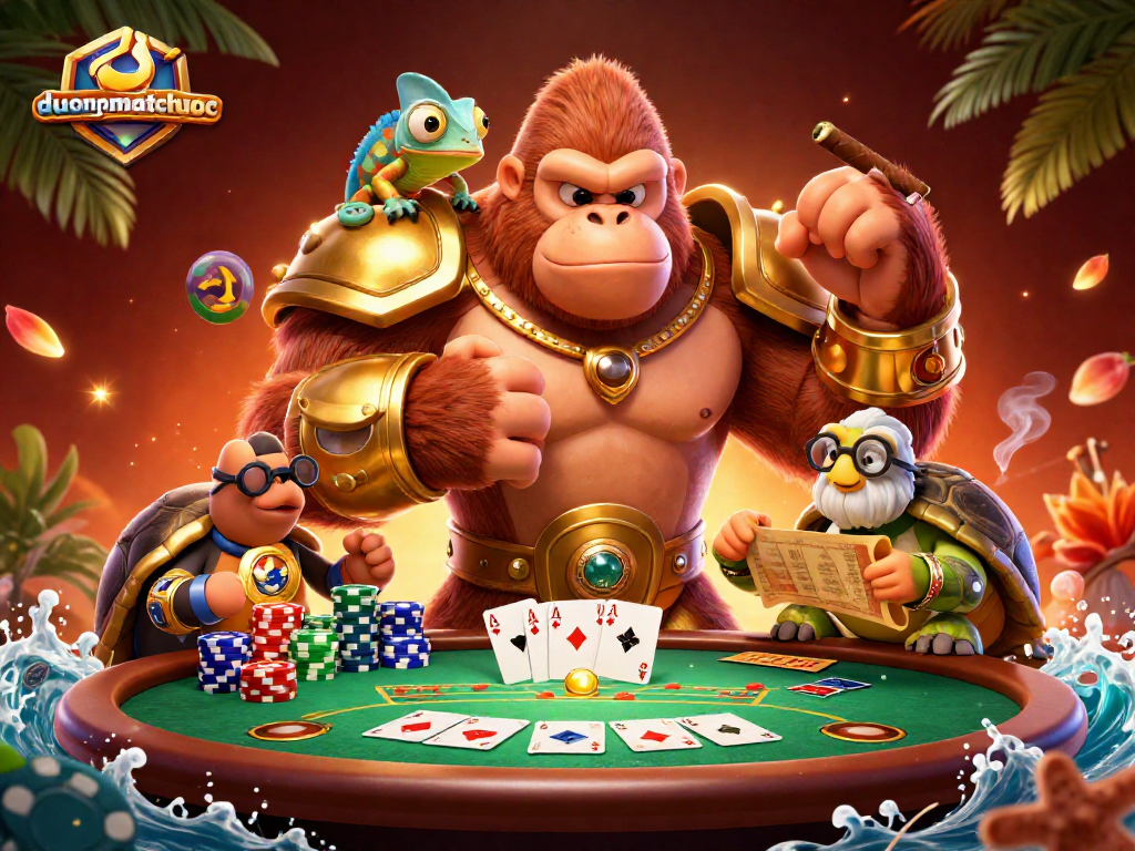 Engage with the dynamic duongmatchuoc gambling scene highlighted by a powerful gorilla and vibrant casino elements.