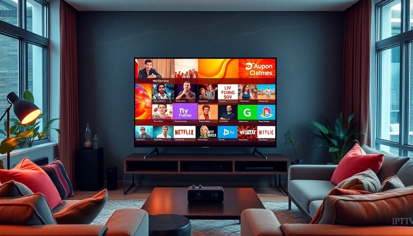 Free trial iptv displayed on a modern smart TV in a cozy living room setting.
