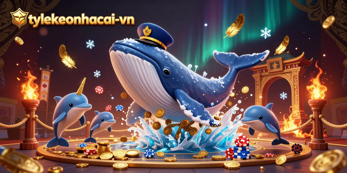 Engage with tylekeonhacai-vn through an exciting scene of playful dolphins and a cartoon whale amidst casino thrills and gold coins.