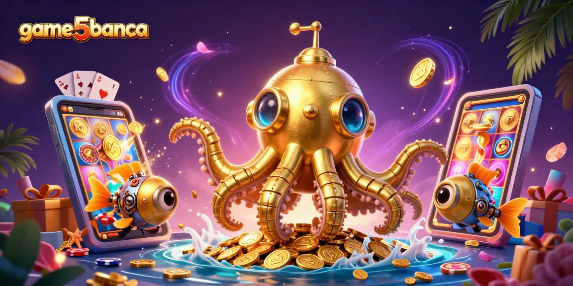 Engage with game5banca's vibrant underwater casino world featuring a golden kraken submarine and mechanical fish amidst dynamic gaming elements.