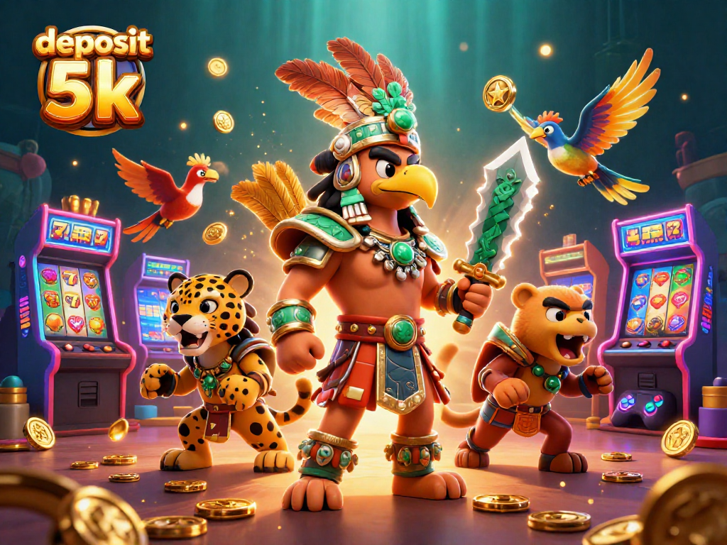 Engage with our vibrant illustration featuring "deposit 5k" in an exciting slot scene with Aztec warriors.