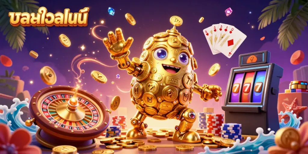 Experience บอลออนไลน์ with the dynamic golden golem in a rich gambling-themed scene.