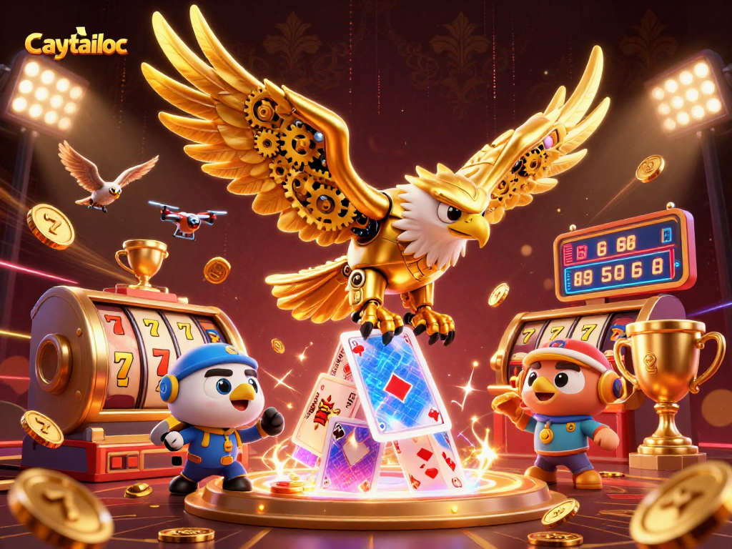 Engage with caytailoc as a golden eagle dives for jackpot symbols in a dazzling casino illustration.