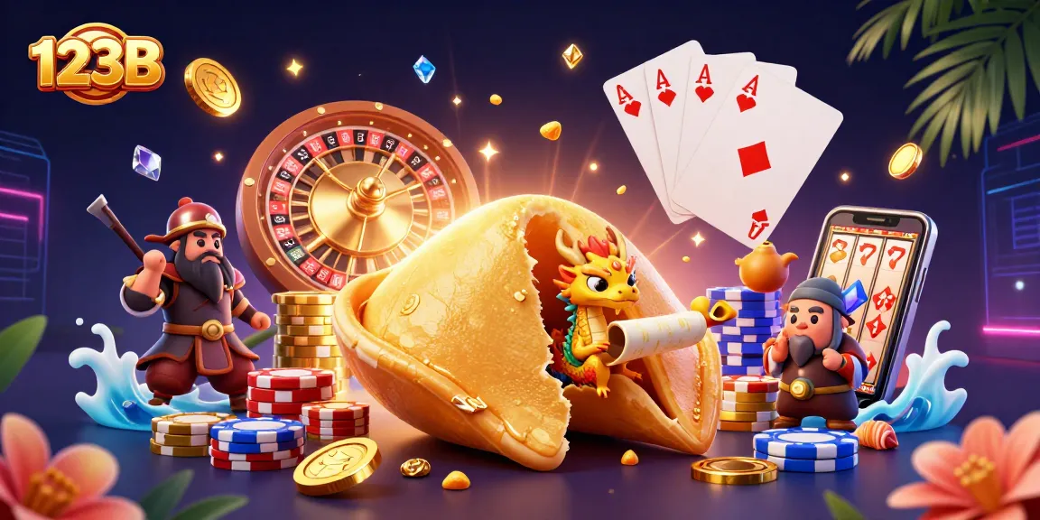 Play and win with 123B at this vibrant casino scene featuring gold coins and lucky symbols.