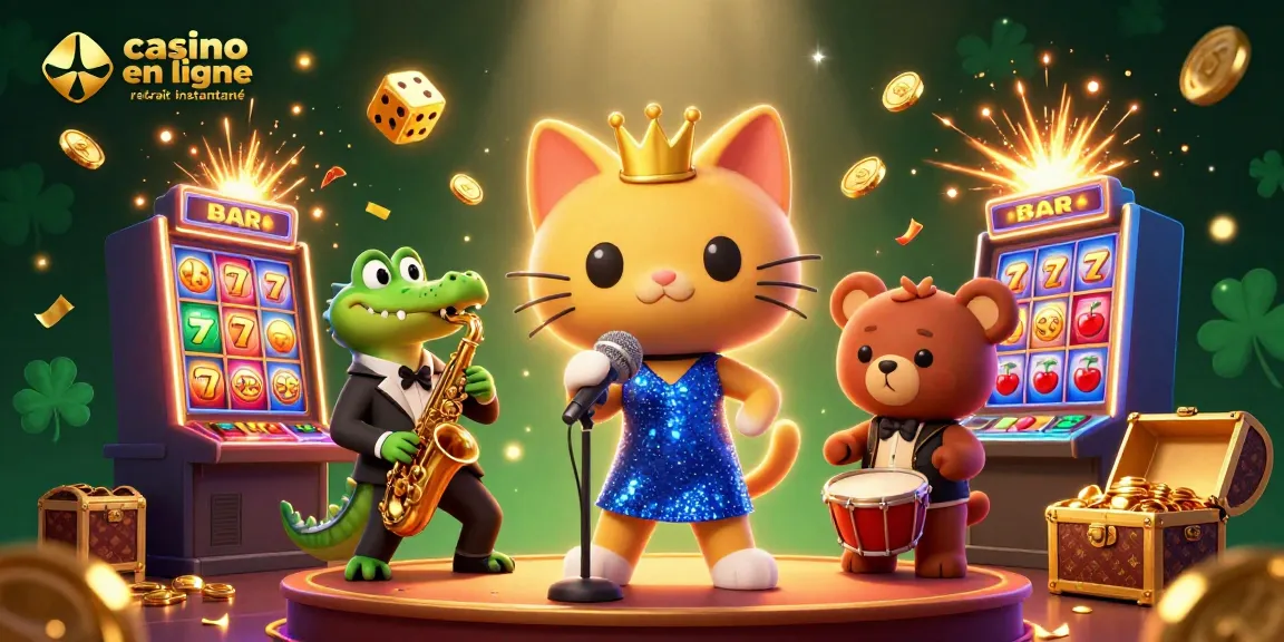 Jouez au casino en ligne retrait instantané avec une scène animée de personnages de casino et jackpots