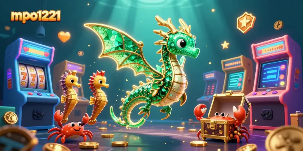 Engage with mpo1221's casino treasures, featuring vibrant sea creatures and gaming elements.
