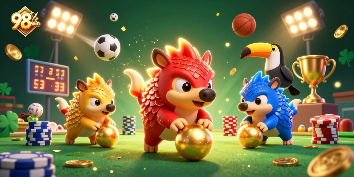 Join the excitement of 98win with vibrant pangolins battling through stacks of poker chips and sports elements!