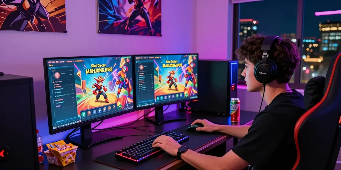 Engaged gamer at gaming desk showcasing Slot Gacor MAHJONGJP88 in a vibrant online atmosphere.