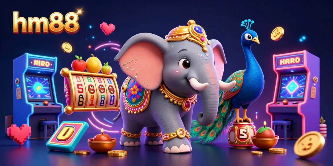 Engage with hm88 in vibrant 3D casino art featuring an elephant and peacock among colorful slot elements.