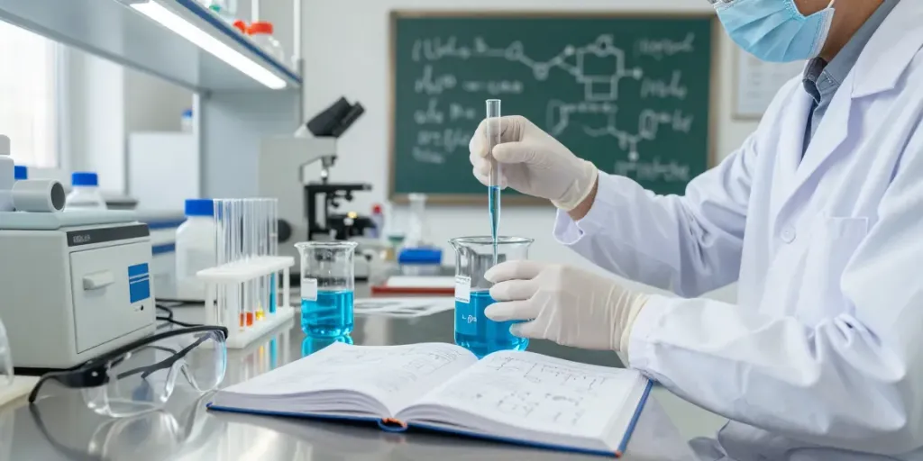 کاربرد کات کبود در آزمایشگاه شیمی با محقق در حال انجام آزمایش و مواد شیمیایی آبی رنگ.