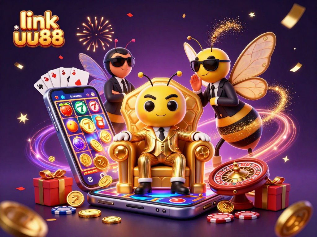 Engage with exciting slot games at link uu88 featuring a buzzing bumblebee mob boss surrounded by dynamic casino elements.