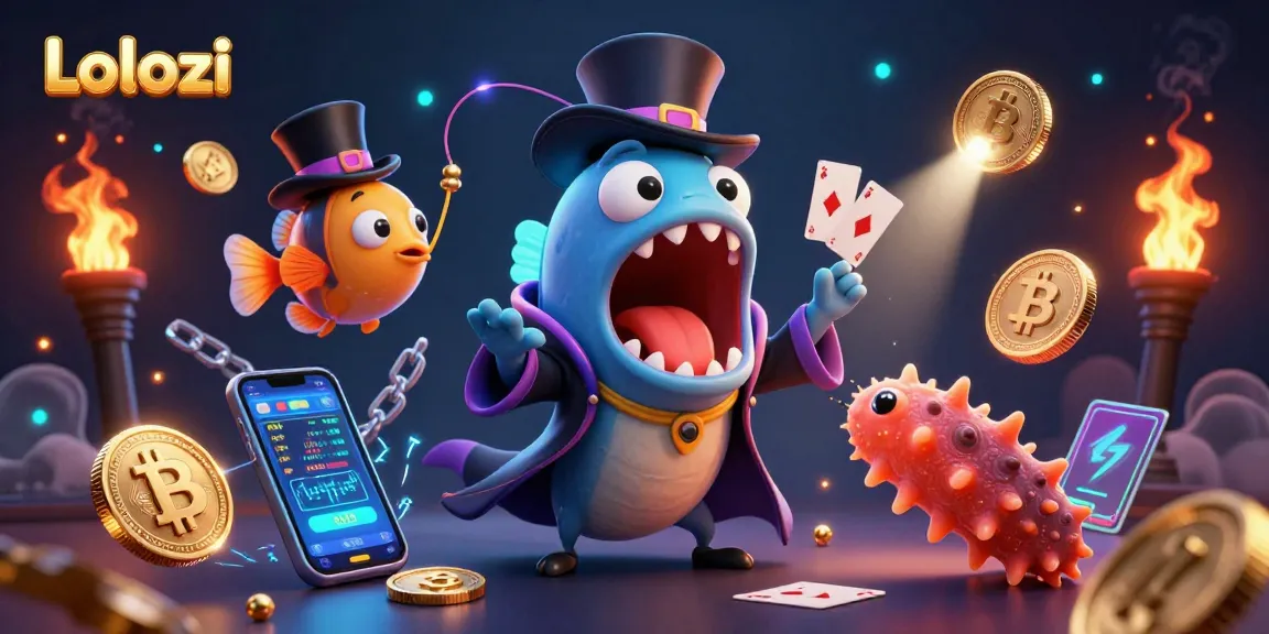 Lolozi presents a dazzling casino scene with a deep-sea gulper eel magician performing enchanting card tricks amidst Bitcoin and Ethereum coins.