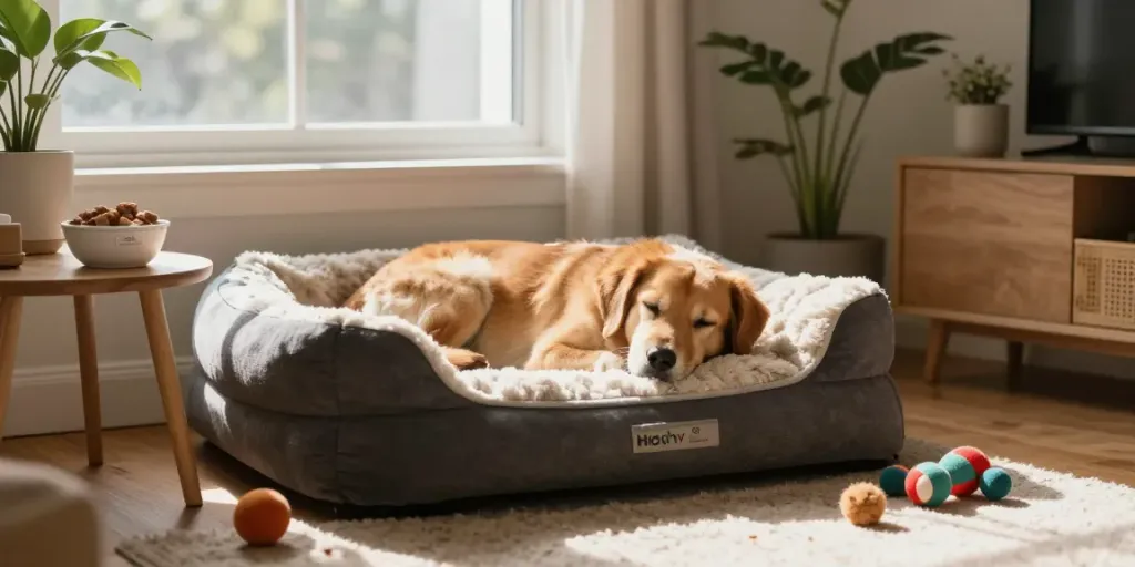 Calming Dog Treats next to a relaxed dog in a cozy living room setting