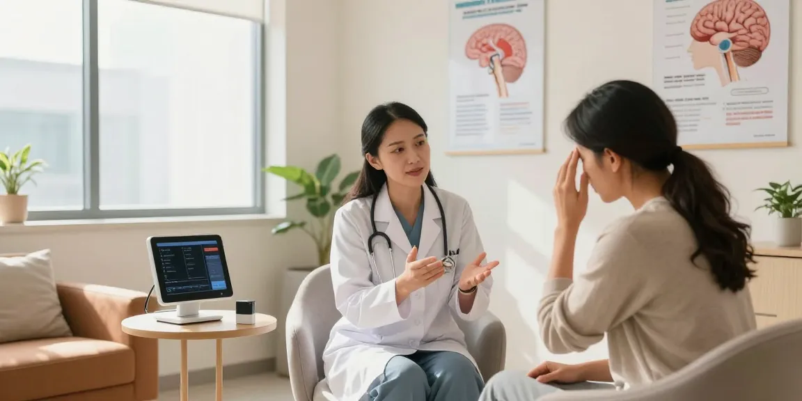 Engaging consultation scene showcasing headaches treatment Abu Dhabi with a healthcare professional and patient.