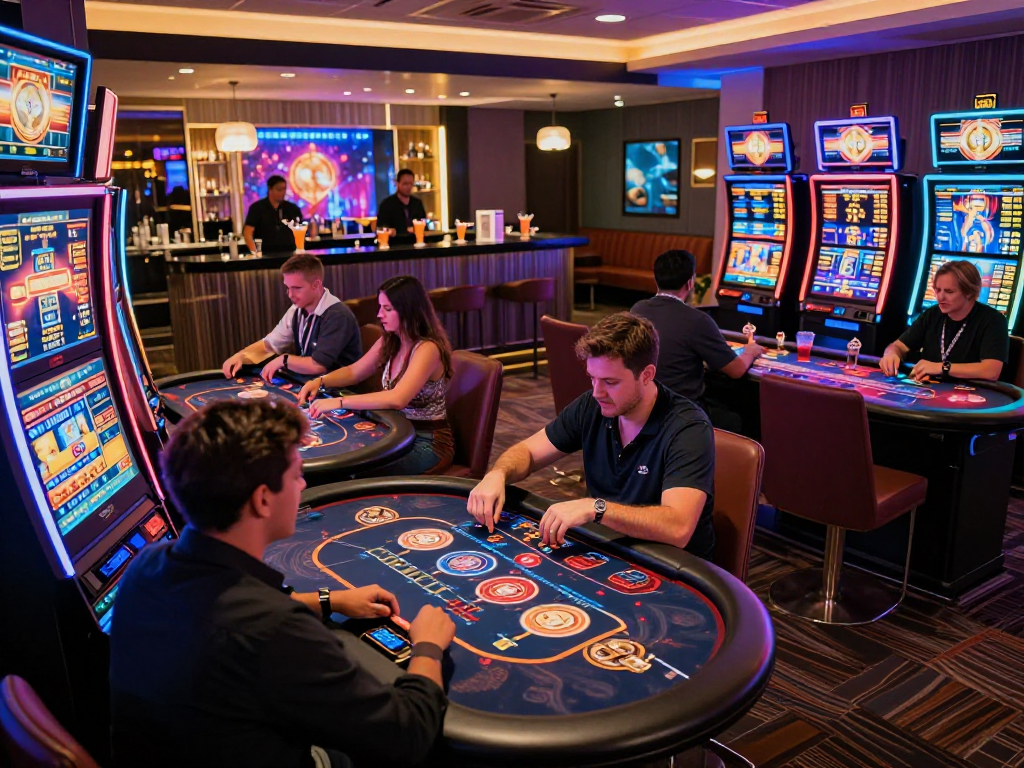 Exciting crypto casino atmosphere with players enjoying digital games and vibrant neon lights