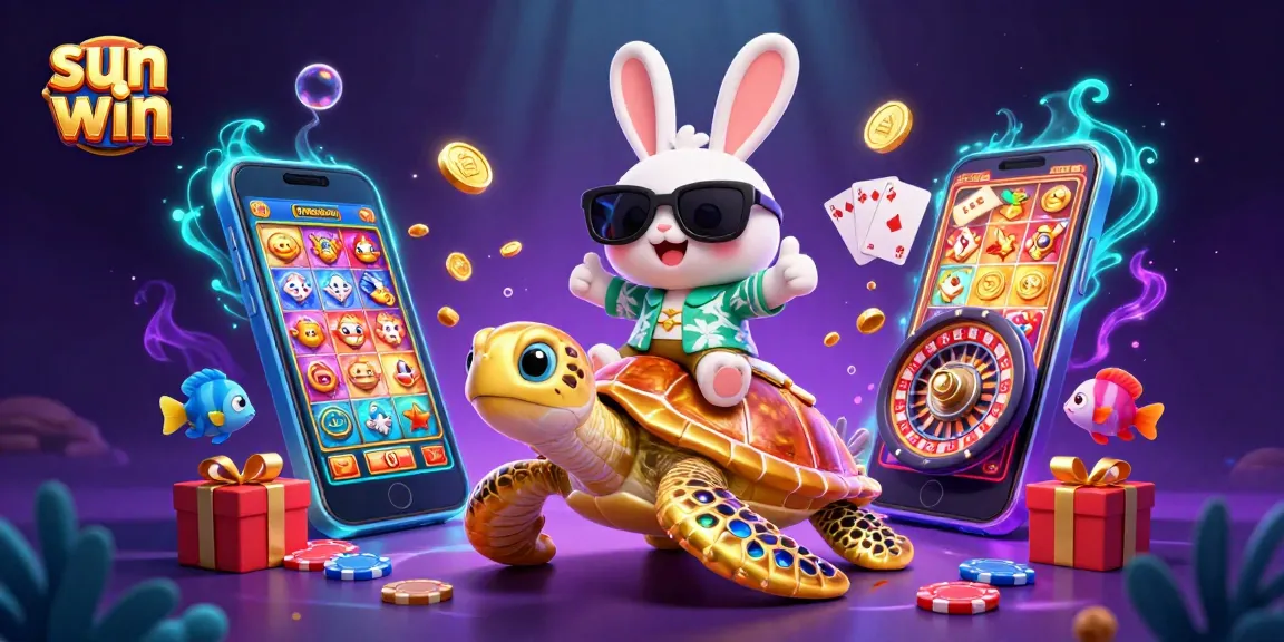 Join the fun of sun win with a lucky rabbit and golden sea turtle in an exciting casino game scene.